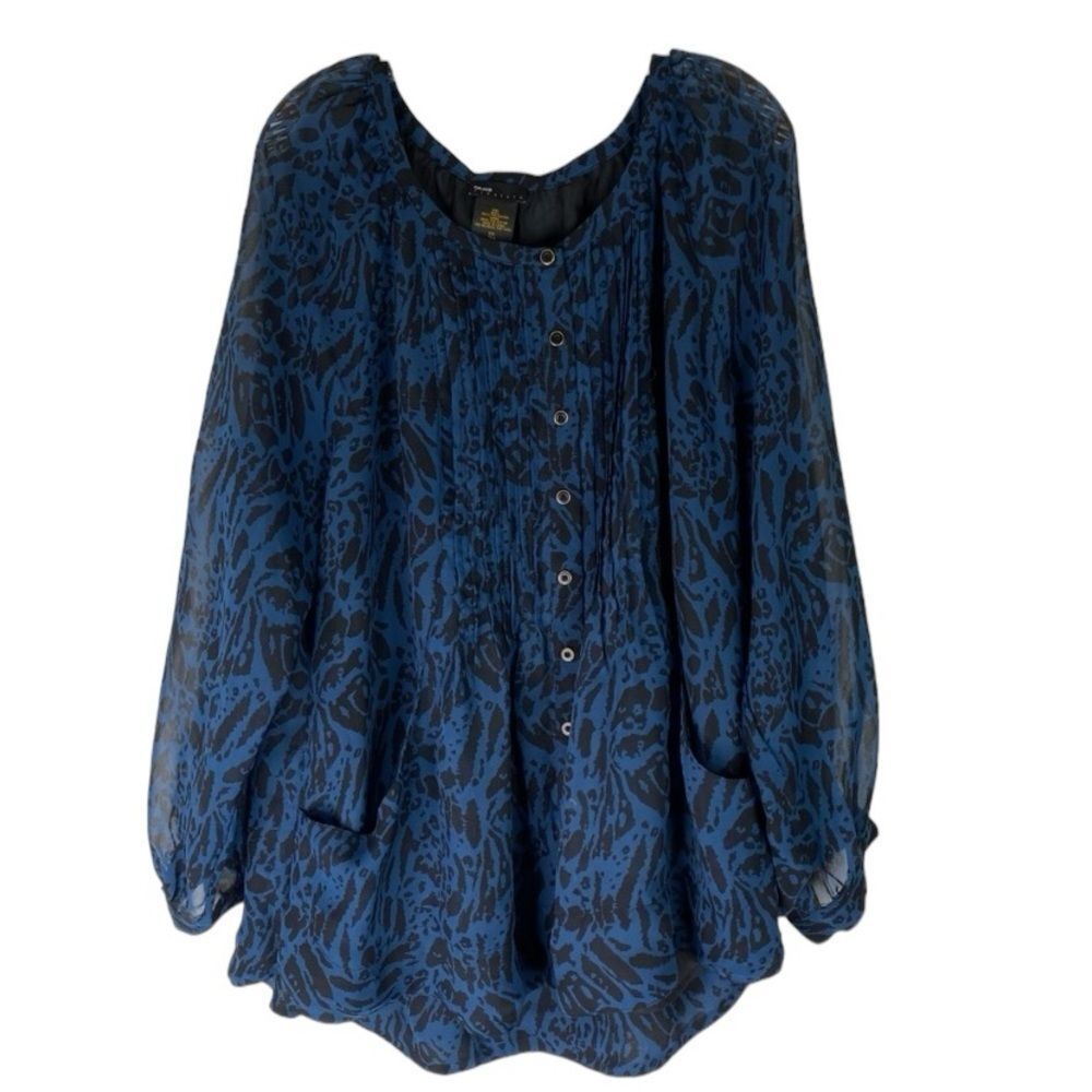 Grace Elements Top‎ Women’s Blue Black Sheer Pockets Pleated Button Down XXL
